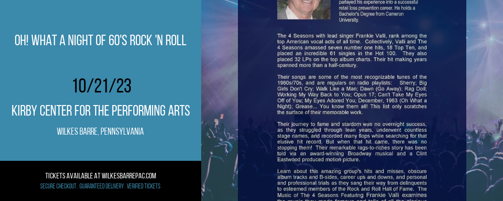 Oh! What a Night of 60's Rock 'N Roll at Kirby Center for the Performing Arts